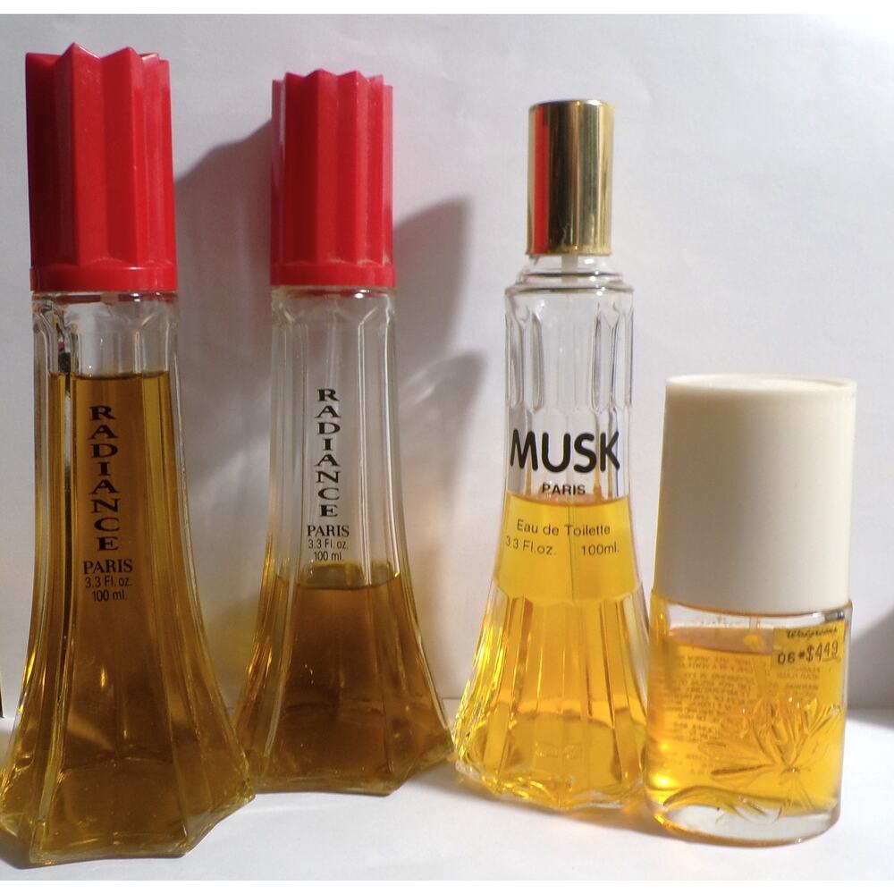 Vtg Lot of 4 Perfume (2) Radiance Paris 3.3 fl oz 2-95 % Full Musk Paris Jontue